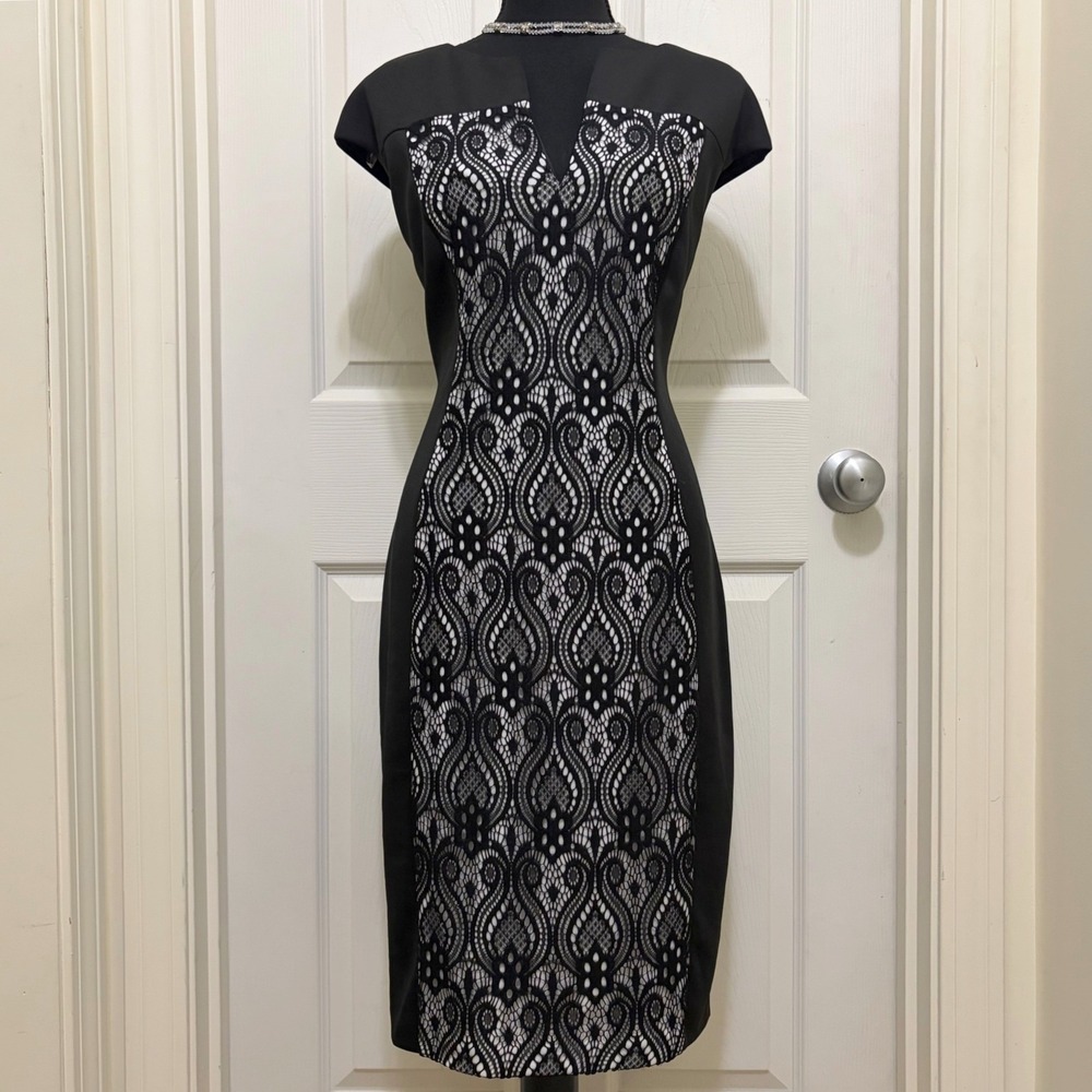 Dressbarn Sheath Dress Black White Lace Panel Size 12 Cap Sleeve‎ Notched Neck
